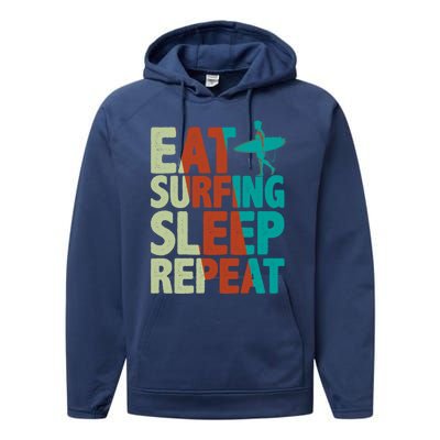 Eat Surfing Sleep Repeat Summer Beach Retro Sunset Gift Performance Fleece Hoodie