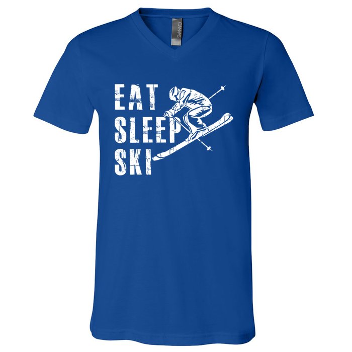 Eat Sleep Ski Funny Vintage Skiing Skier Adventure Graphic Gift V-Neck T-Shirt