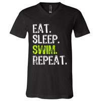 Eat Sleep Swim Repeat Swimming Swimmer Funny Cool V-Neck T-Shirt