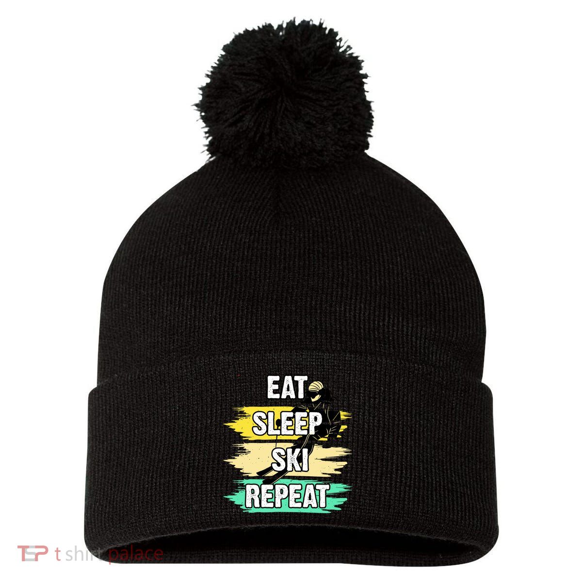 Eat Sleep Ski Repeat Pom Pom 12in Knit Beanie