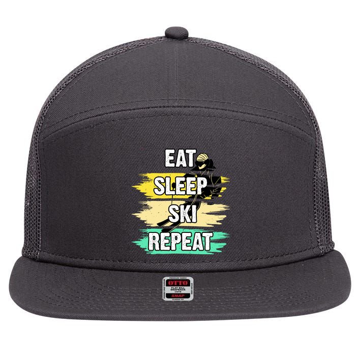 Eat Sleep Ski Repeat 7 Panel Mesh Trucker Snapback Hat