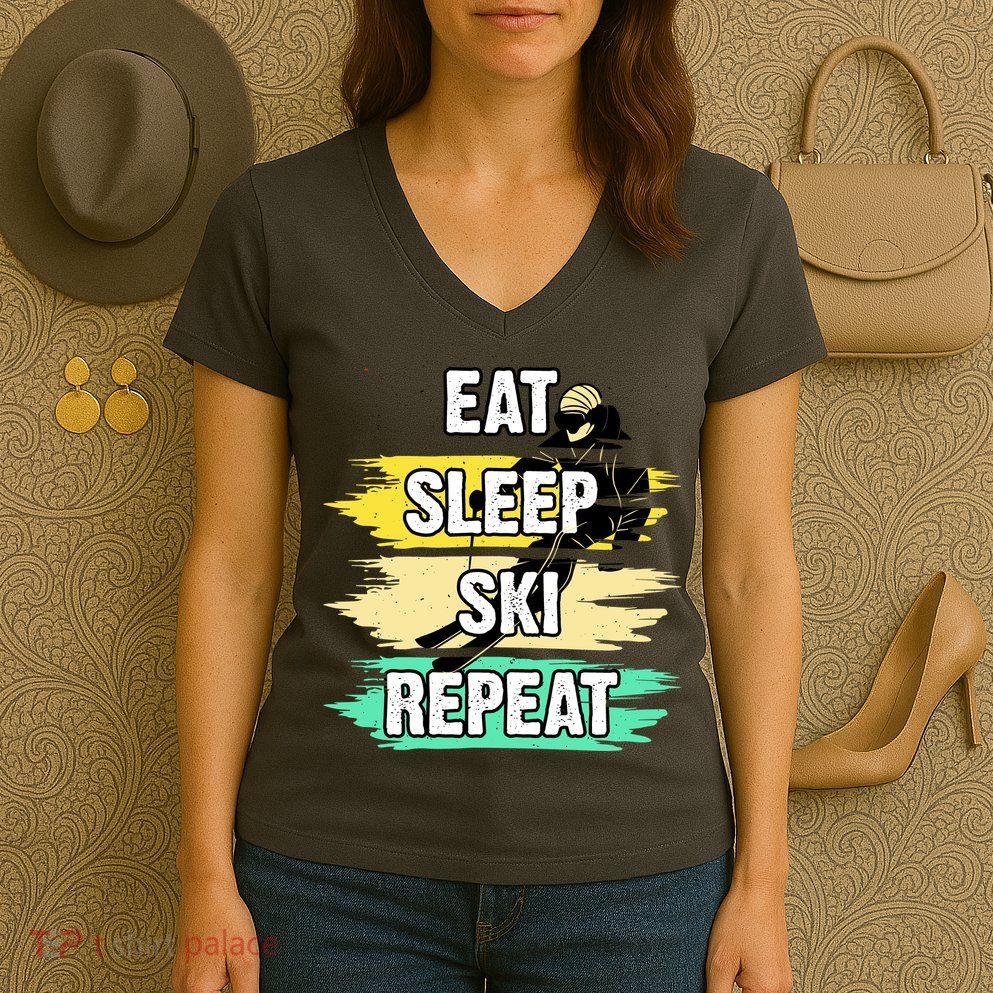 Eat Sleep Ski Repeat Women's V-Neck T-Shirt