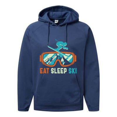 Eat Sleep Ski Vintage Retro Skiing Winter Sports Funny Gift Performance Fleece Hoodie