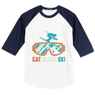 Eat Sleep Ski Vintage Retro Skiing Winter Sports Funny Gift Baseball Sleeve Shirt