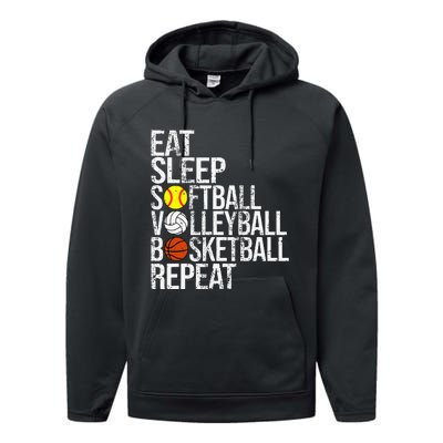 Eat Sleep Softball Volleyball Basketball Repeat Funny Sport Performance Fleece Hoodie