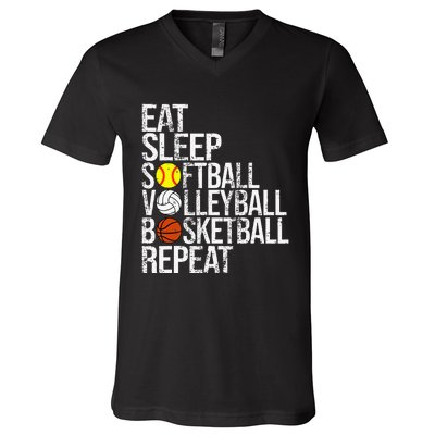 Eat Sleep Softball Volleyball Basketball Repeat Funny Sport V-Neck T-Shirt