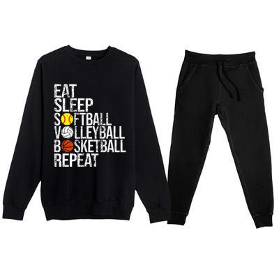 Eat Sleep Softball Volleyball Basketball Repeat Funny Sport Premium Crewneck Sweatsuit Set