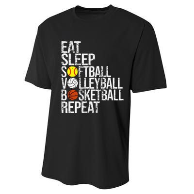 Eat Sleep Softball Volleyball Basketball Repeat Funny Sport Performance Sprint T-Shirt