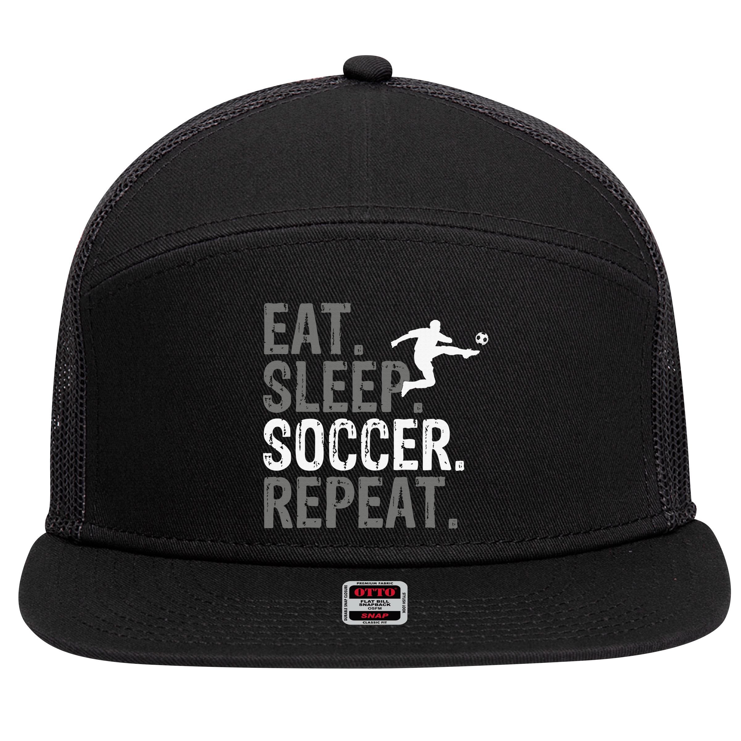 Eat Sleep Soccer Repeat - Soccer Graphic 7 Panel Mesh Trucker Snapback Hat