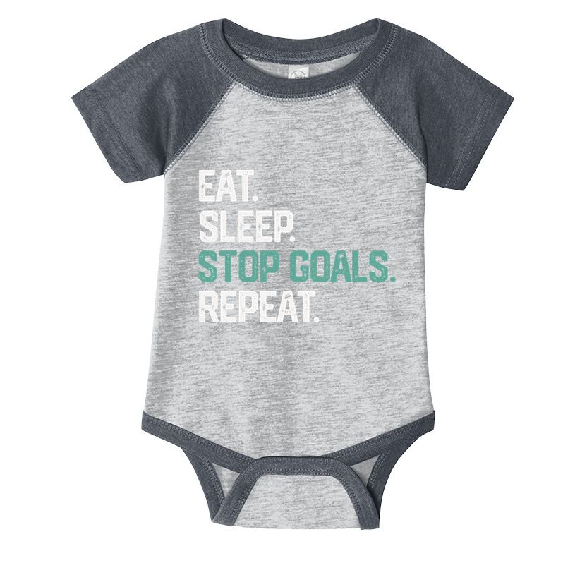 Eat Sleep Stop Goals Repeat Goalie Soccer Hockey Infant Baby Jersey Bodysuit