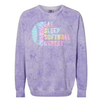 Eat Sleep Softball Repeat Teens Girls Boy Kids Men Tie Dye Colorblast Crewneck Sweatshirt