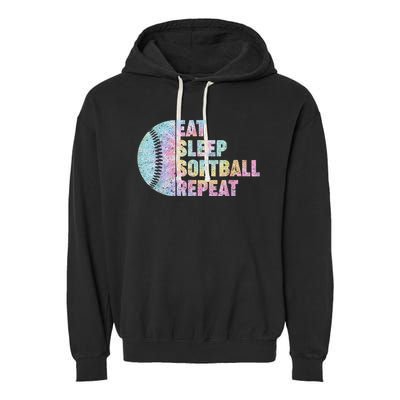 Eat Sleep Softball Repeat Teens Girls Boy Kids Men Tie Dye Garment-Dyed Fleece Hoodie