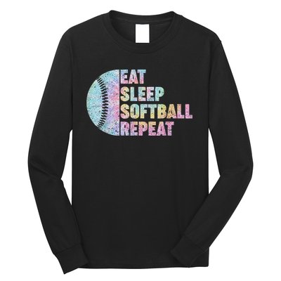 Eat Sleep Softball Repeat Teens Girls Boy Kids Men Tie Dye Long Sleeve Shirt