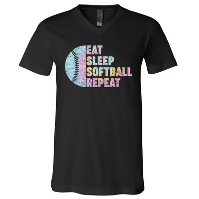 Eat Sleep Softball Repeat Teens Girls Boy Kids Men Tie Dye V-Neck T-Shirt