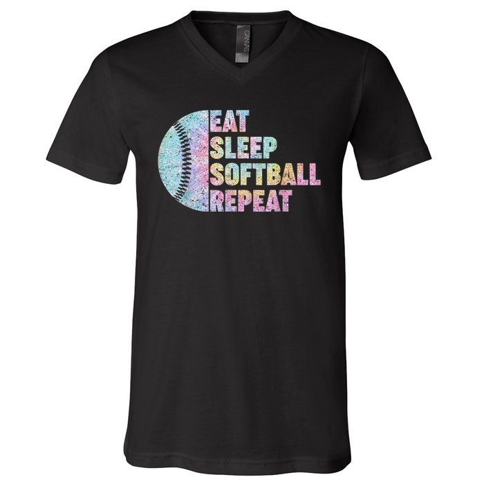 Eat Sleep Softball Repeat Teens Girls Boy Kids Men Tie Dye V-Neck T-Shirt