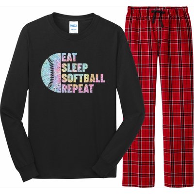 Eat Sleep Softball Repeat Teens Girls Boy Kids Men Tie Dye Long Sleeve Pajama Set