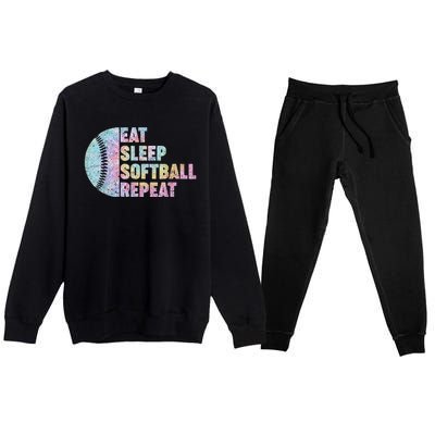 Eat Sleep Softball Repeat Teens Girls Boy Kids Men Tie Dye Premium Crewneck Sweatsuit Set