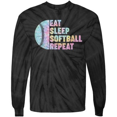 Eat Sleep Softball Repeat Teens Girls Boy Kids Men Tie Dye Tie-Dye Long Sleeve Shirt