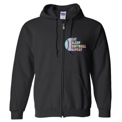 Eat Sleep Softball Repeat Teens Girls Boy Kids Men Tie Dye Full Zip Hoodie