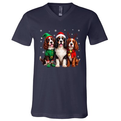 English Springer Spaniel Christmas Dogs Santa Reindeer Elf V-Neck T-Shirt