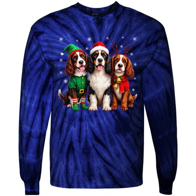 English Springer Spaniel Christmas Dogs Santa Reindeer Elf Tie-Dye Long Sleeve Shirt