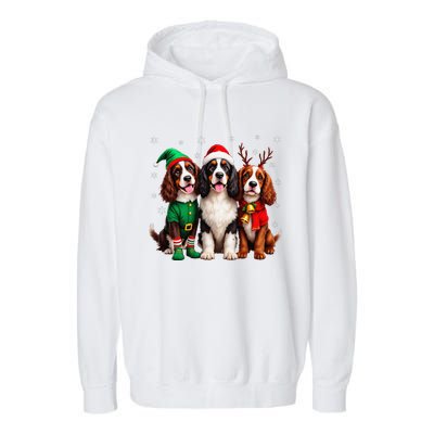 English Springer Spaniel Christmas Dogs Santa Reindeer Elf Garment-Dyed Fleece Hoodie