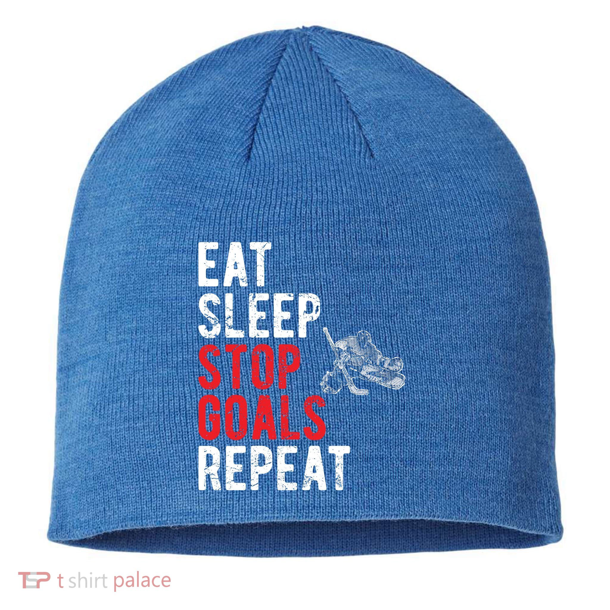 Eat Sleep Stop Goals Repeat Hockey Goalkeeper Funny Gift Sustainable Beanie