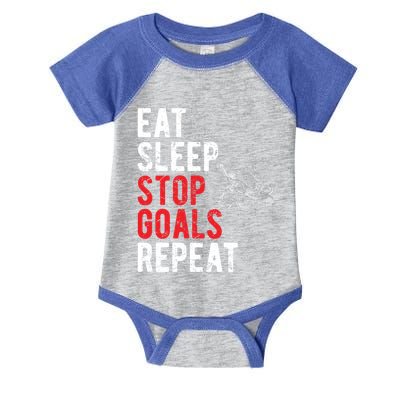 Eat Sleep Stop Goals Repeat Hockey Goalkeeper Funny Gift Infant Baby Jersey Bodysuit
