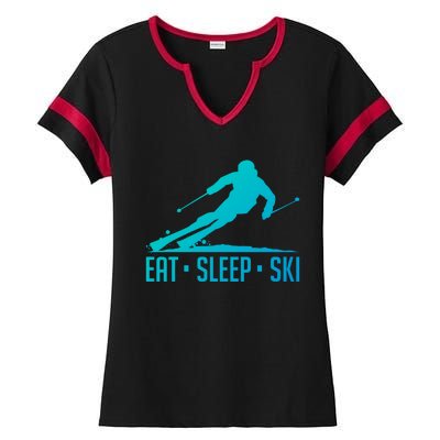 Eat Sleep Ski Skiing Skier Snow Winter Vacation Gift Great Gift Ladies Halftime Notch Neck Tee