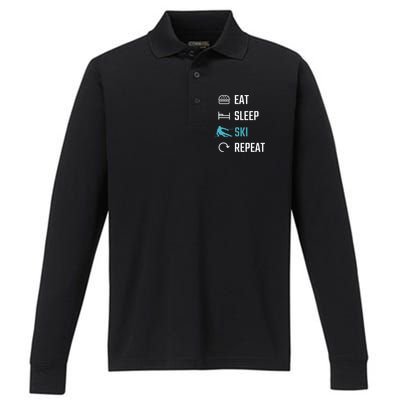 Eat Sleep Ski Repeat Skiing Funny Gift Performance Long Sleeve Polo