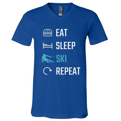 Eat Sleep Ski Repeat Skiing Funny Gift V-Neck T-Shirt