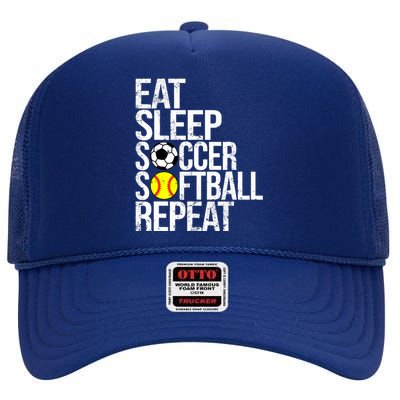 Eat Sleep Soccer Softball Repeat Funny Ball High Crown Mesh Back Trucker Hat