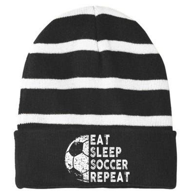 Eat Sleep Soccer Repeat Football Player Fan Funny Striped Beanie with Solid Band