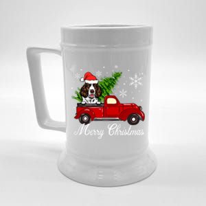 English Springer Spaniel Dog Riding Red Truck Christmas Beer Stein