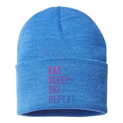 Eat Sleep Ski Repeat Funny Skier Vintage Skiing Meaningful Gift Sustainable Knit Beanie