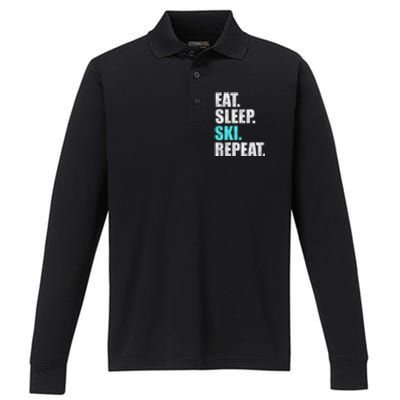 Eat Sleep Ski Repeat Skiing Skier Lover Funny Gift Performance Long Sleeve Polo