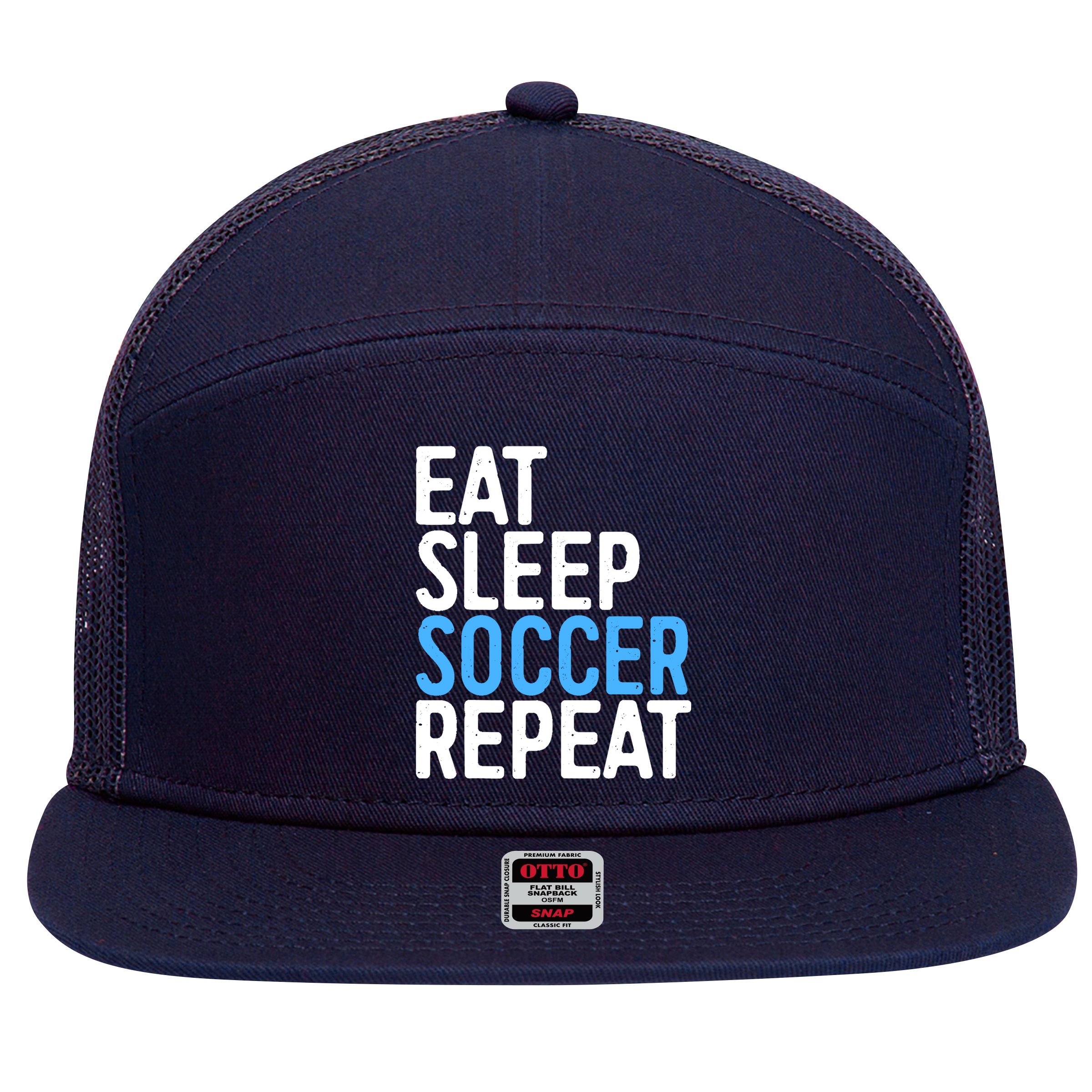 Eat Sleep Soccer Repeat 7 Panel Mesh Trucker Snapback Hat