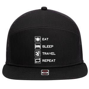 Eat Sleep Travel Repeat Gift 7 Panel Mesh Trucker Snapback Hat