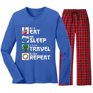 Eat Sleep Travel Repeat Japanese Traveler Gift Women's Long Sleeve Flannel Pajama Set 