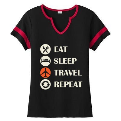 Eat Sleep Travel Repeat Long Distance Traveling Vacations Great Gift Ladies Halftime Notch Neck Tee