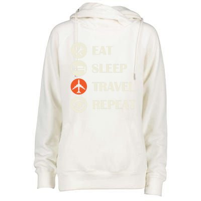 Eat Sleep Travel Repeat Long Distance Traveling Vacations Great Gift Womens Funnel Neck Pullover Hood