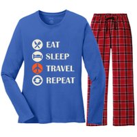 Eat Sleep Travel Repeat Long Distance Traveling Vacations Great Gift Women's Long Sleeve Flannel Pajama Set 