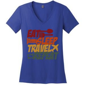 Eat Sleep Travel Repeat Travel Lover Humor Quote Design Funny Gift Women's V-Neck T-Shirt