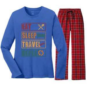 Eat Sleep Travel Repeat Travel Lover Humor Quote Design Gift Women's Long Sleeve Flannel Pajama Set 