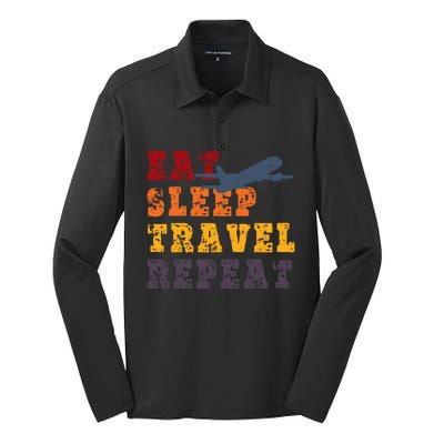 Eat Sleep Travel Repeat Travel Lover Humor Quote Design Great Gift Silk Touch Performance Long Sleeve Polo