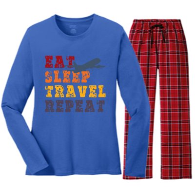 Eat Sleep Travel Repeat Travel Lover Humor Quote Design Great Gift Women's Long Sleeve Flannel Pajama Set 