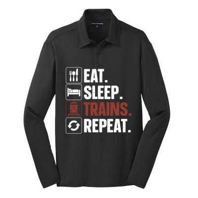 Eat Sleep Trains Repeat Funny Train Locomotive Driver Silk Touch Performance Long Sleeve Polo