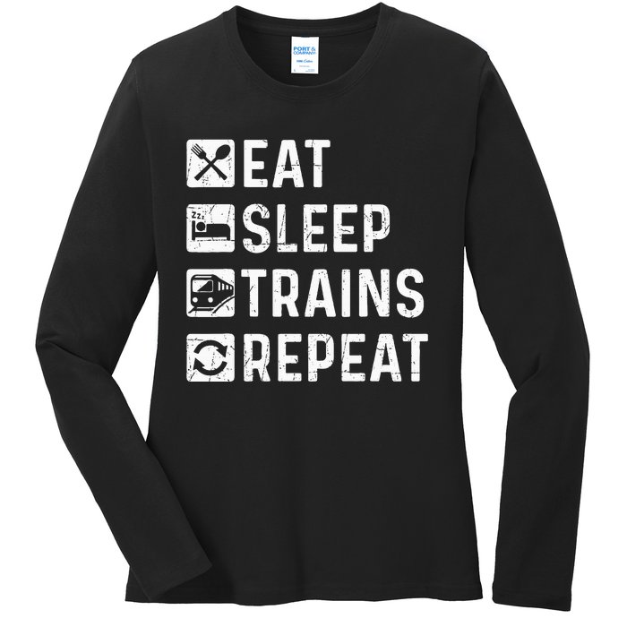 Eat Sleep Trains Repeat Railroad Railway Locomotive Driver Ladies Long Sleeve Shirt