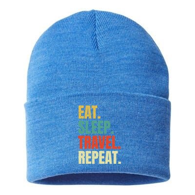 Eat Sleep Travel Repeat Vintage World Traveler Traveling Meaningful Gift Sustainable Knit Beanie