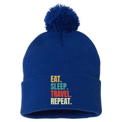 Eat Sleep Travel Repeat Vintage World Traveler Traveling Meaningful Gift Pom Pom 12in Knit Beanie